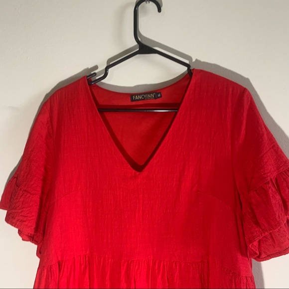 Red Flowey Peplum Sleeve Midi Dress WITH POCKETS - Picture 2 of 15